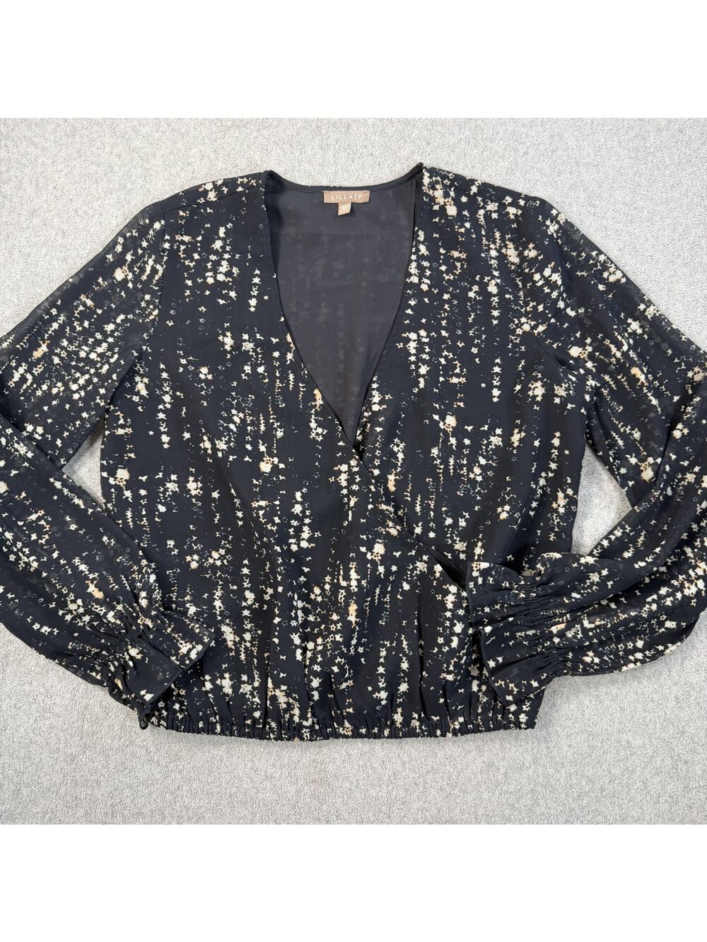 Lilla P Women's Small Black Abstract Sheer Faux Wrap Blouse Top Long Sleeve